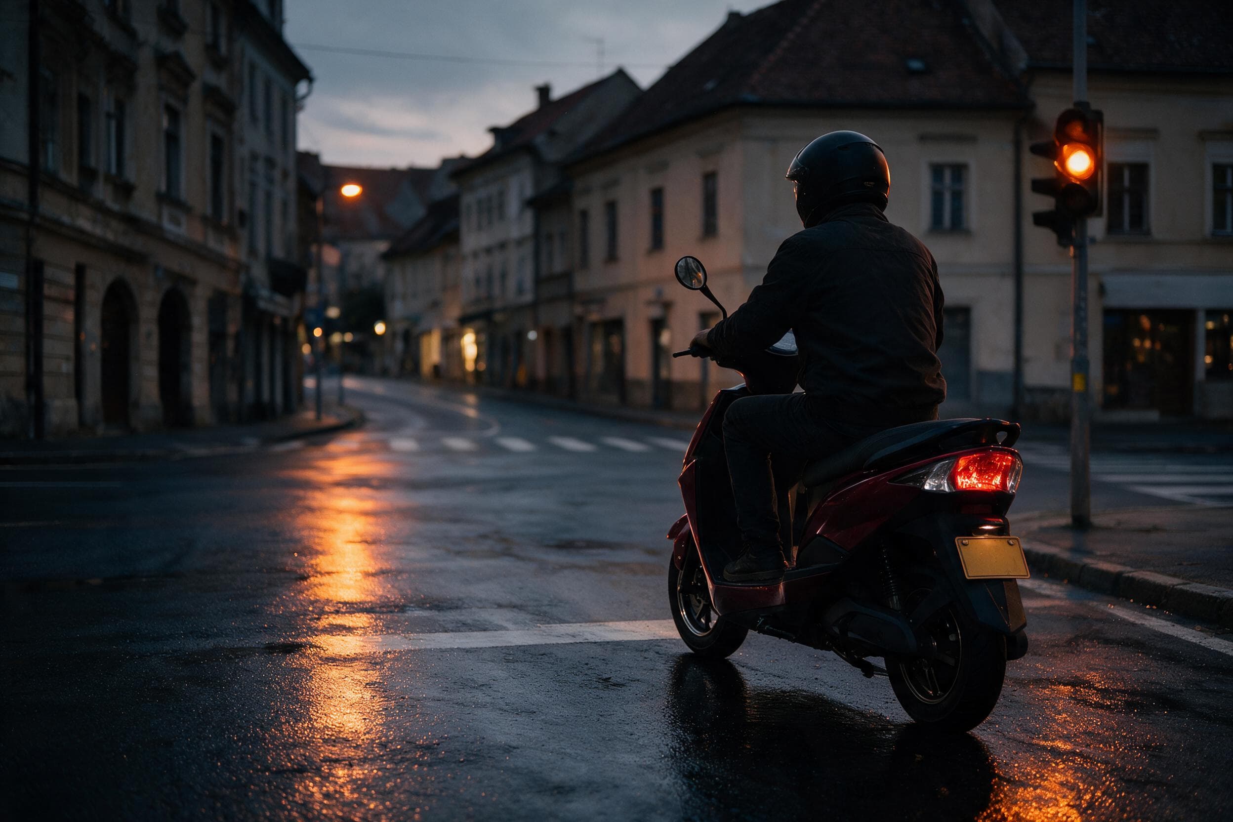 Mlad voznik s čelado na rdečem E-Cruiserju AM zvečer na mokrem mestnem križišču, pogled od zadaj