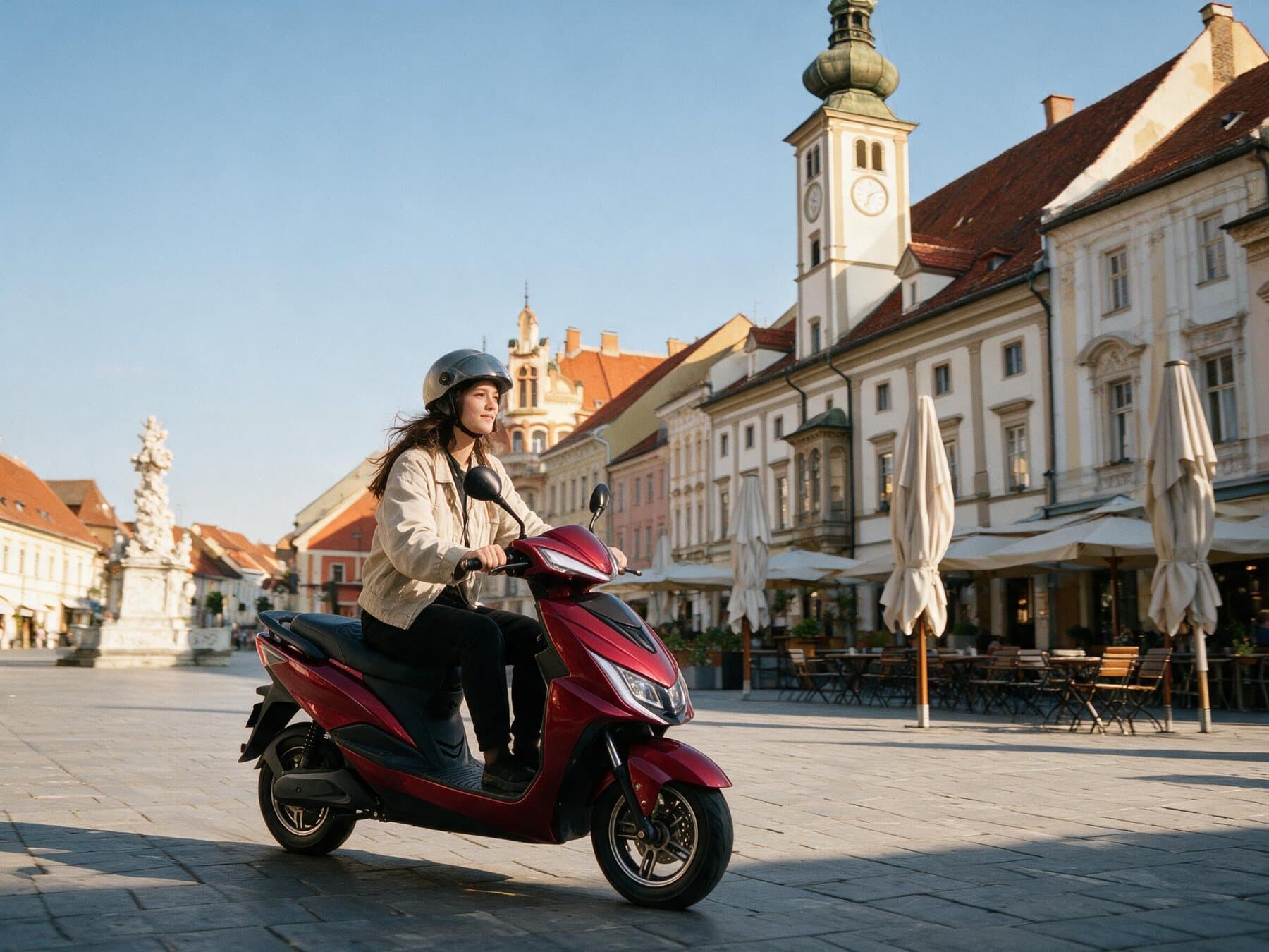 Voznica na rdečem električnem skuterju E-Cruiser AM na Glavnem trgu v Mariboru