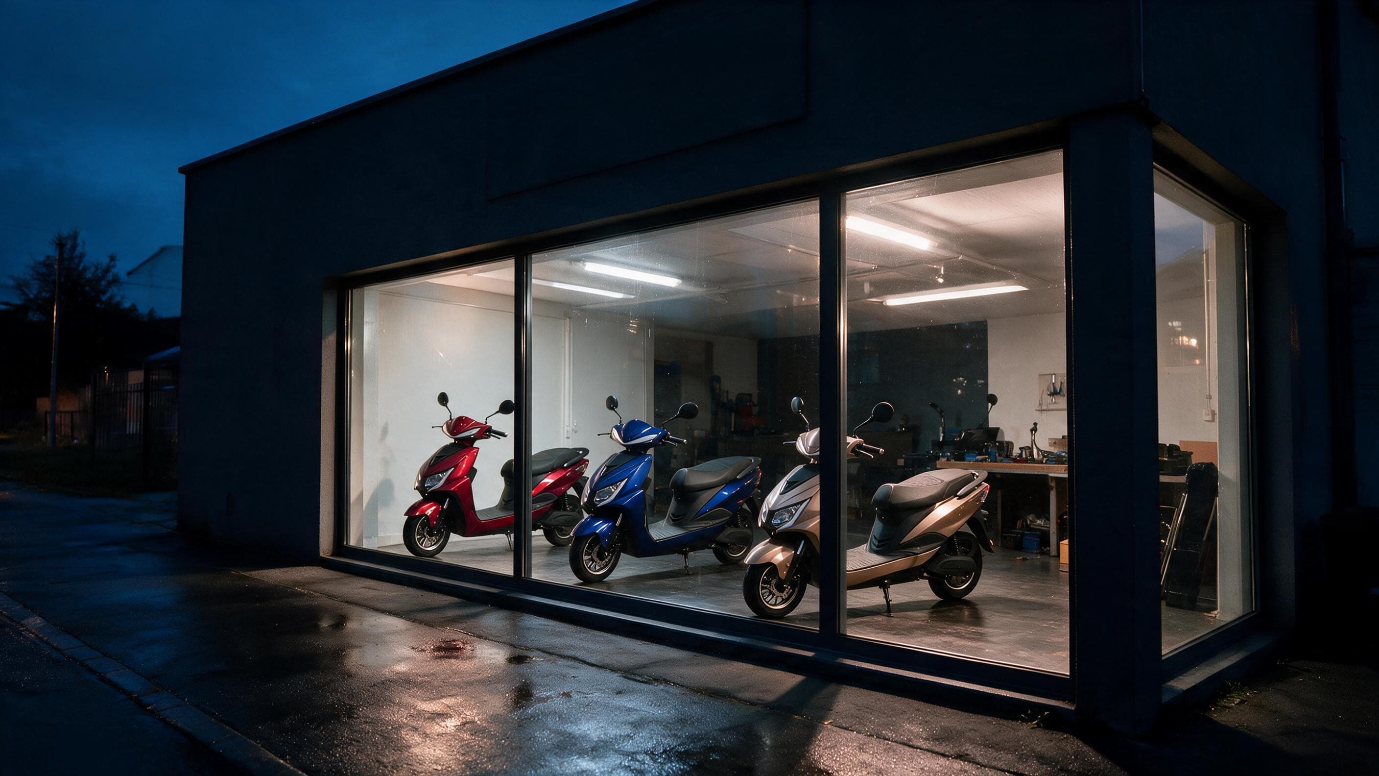 Salon in delavnica ob modri uri, skozi izložbo trije E-Cruiserji AM v rdeči, modri in zlati barvi