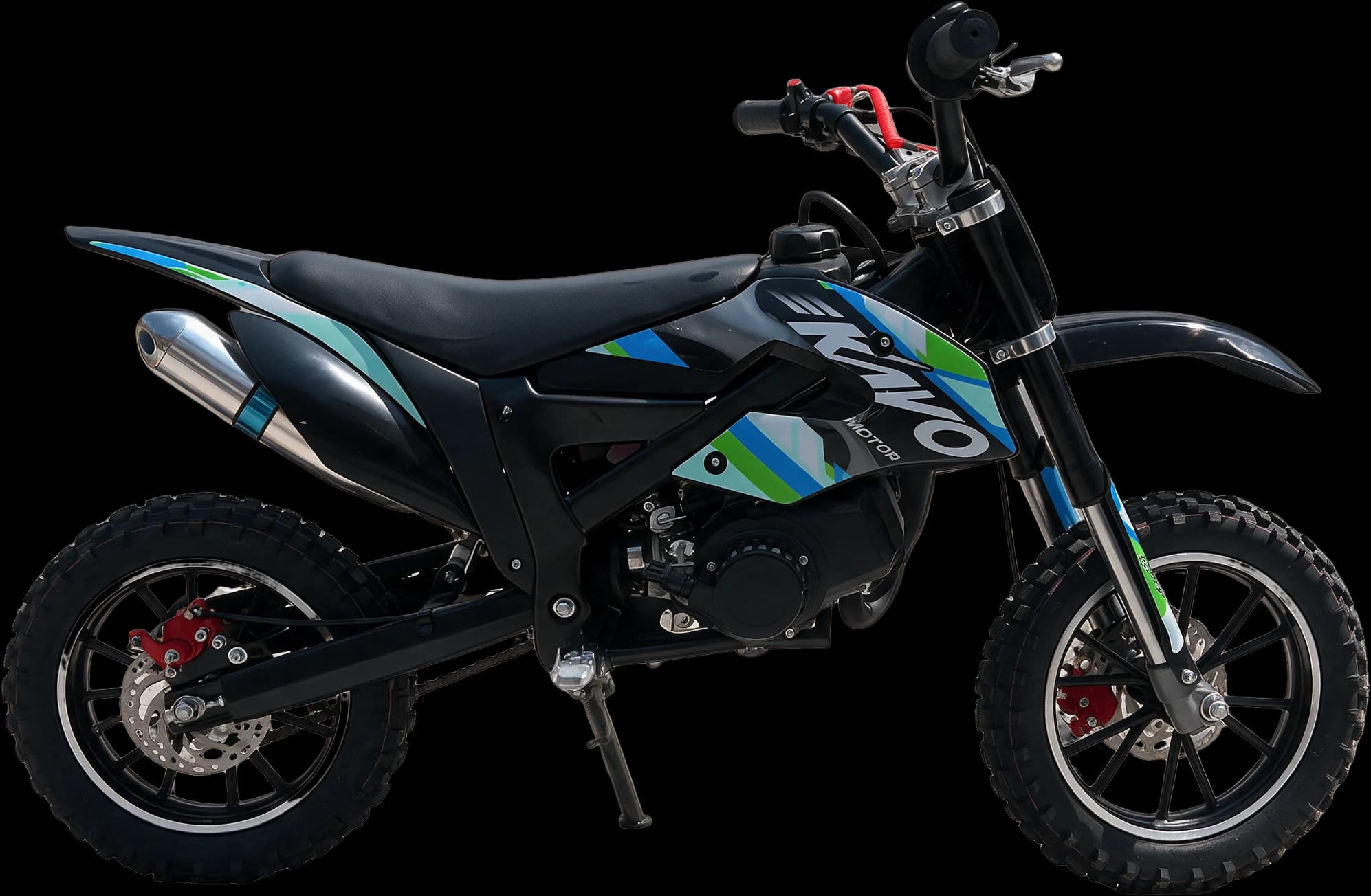 KAYO mini motor, črn z modro-zelenimi grafikami, s strani, z označenimi sestavnimi deli